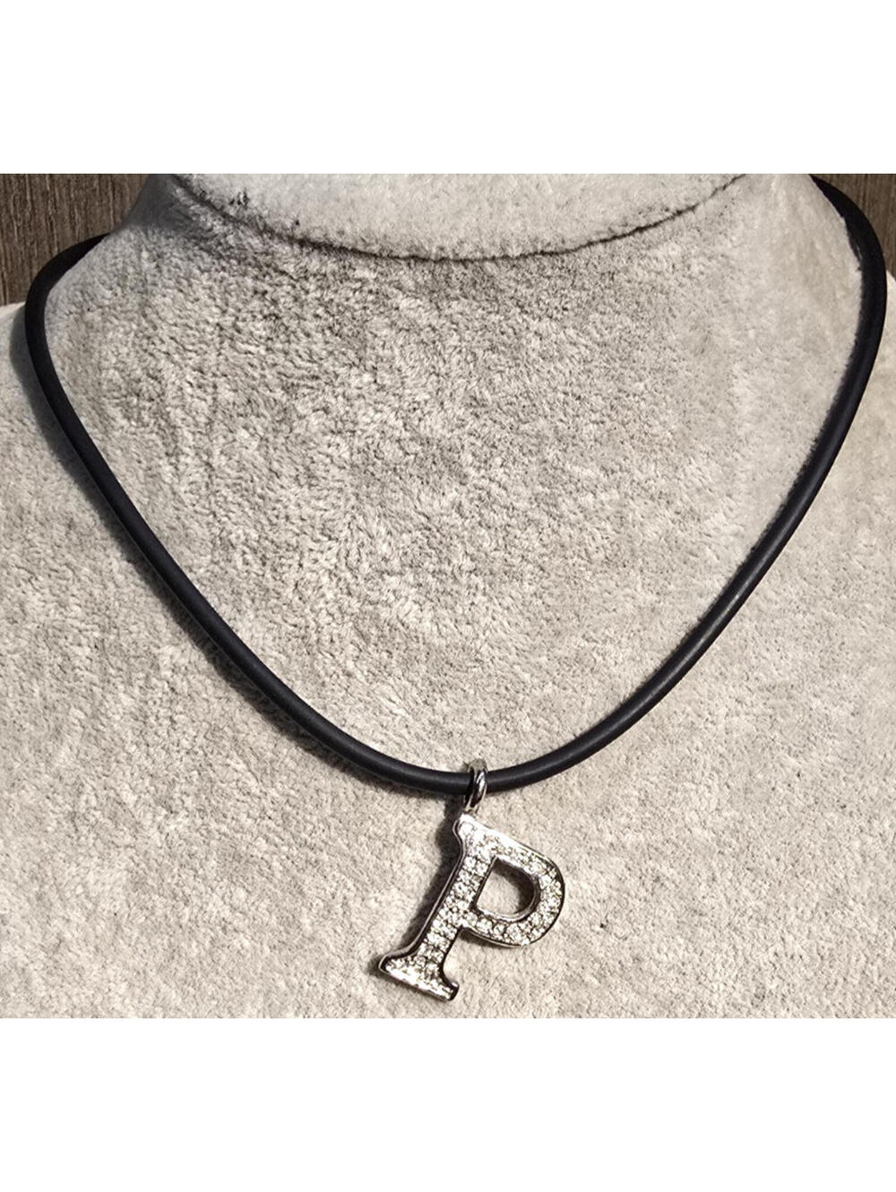 VCLM Initial Letter P Necklace Silver Tone Pave Crystal Black Cord Monogram